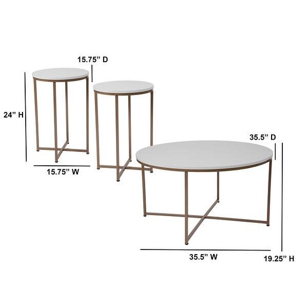 3Piece White Contemporary Round Coffee and End Table Set 35.5" Bed